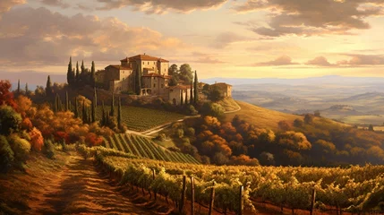 Fotobehang A beautiful painting of an old Italian villa on top of the hill overlooking vineyards and trees in autumn © ABDUL FAROOQ