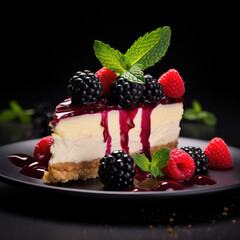 Cheesecake with berries and mint on dark background