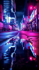 Night city, empty city streets after sunset in neon purple color