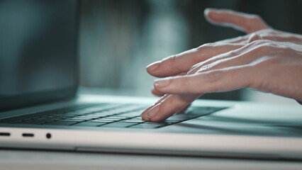 Laptop keyboard hands typing close up. Woman remote job from home office. Student professional study work with pc. Software, online education, apps, modern tech concept. Blue toning filter, side view