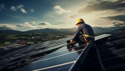 Engineer installing solar cell panel. Clean energy concept , Engineer or Technician at solar power plant with solar panels on roof