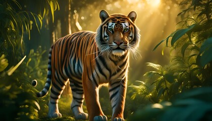 sibirischer Königstiger Tiger schleicht beobachtend durch Dschungel, Afrika Asien auf der Suche nach Fleisch Beute als Jäger, Großkatze gefährliche wild lebende Tiere Raubtiere grazil Katze  - obrazy, fototapety, plakaty
