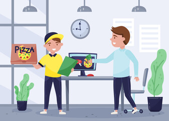 Food Delivery Service with Man Courier Give Pizza to Customer Vector Illustration