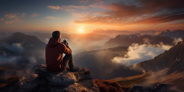 Hiker drinking coffee on a mountain peak with a breathtaking sunrise light view