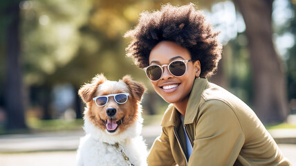 Beautiful african american woman with a cute dog in a park wearing sunglasses. Having fun with the dog. Love for animals concept.
