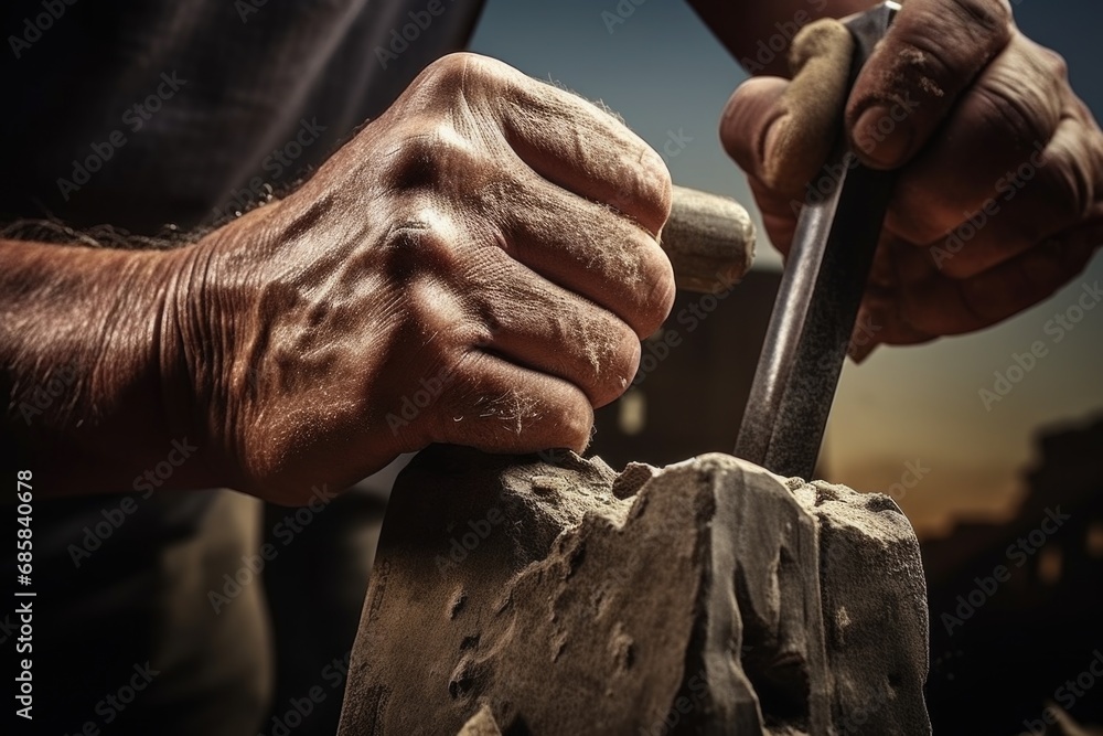 Poster a close-up shot of a person holding a hammer. this image can be used to depict concepts such as cons