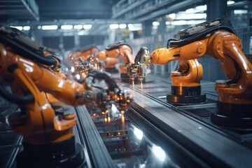 A group of robots moving on a conveyor belt. Ideal for illustrating automation, manufacturing, and futuristic technology concepts. - obrazy, fototapety, plakaty