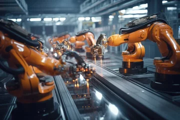 Fotobehang A group of robots moving on a conveyor belt. Ideal for illustrating automation, manufacturing, and futuristic technology concepts. © Ева Поликарпова