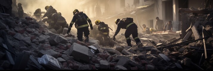 Rescuers search for survivors under the rubble of destroyed houses after powerful earthquake, banner