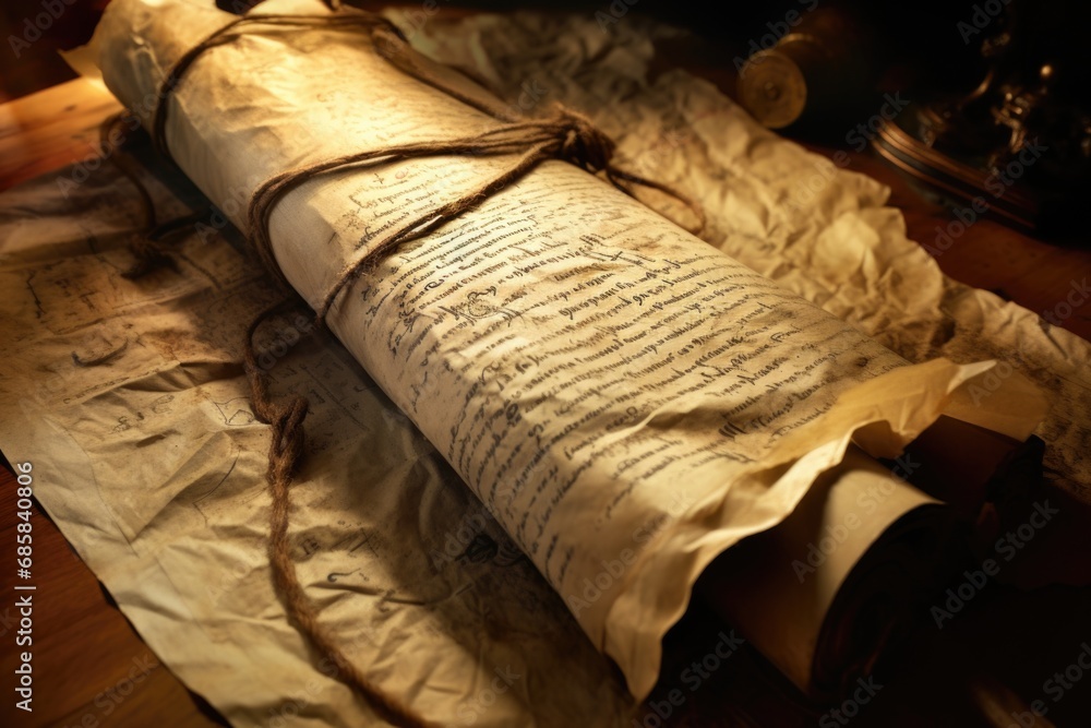 Poster a rolled up piece of paper is sitting on top of a wooden table. this versatile image can be used for