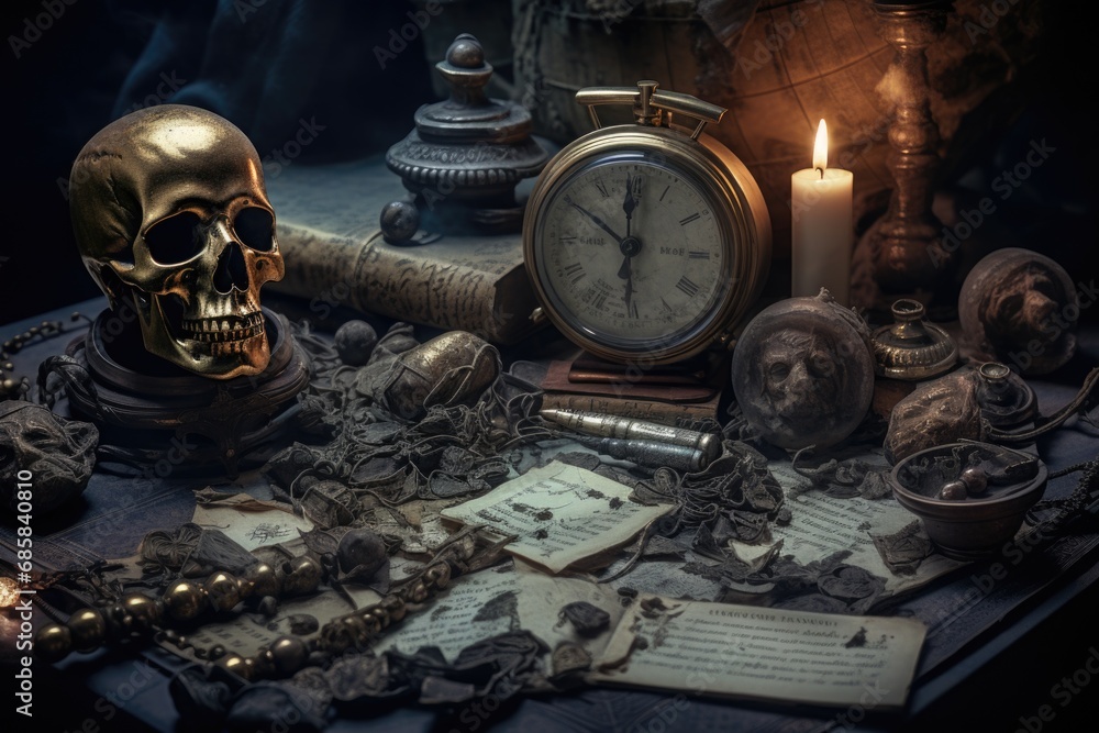 Poster a table with a skull and a clock on top. this image can be used to depict themes of time running out