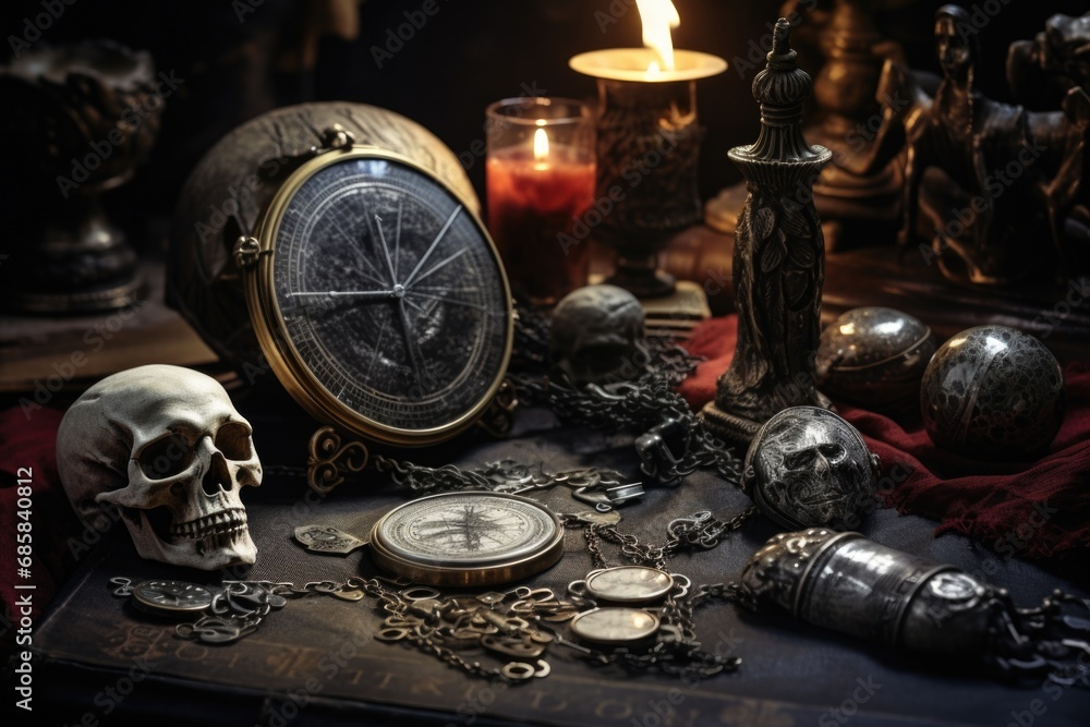 Poster a clock sits on top of a book next to a skull. this image can be used to represent time passing, the