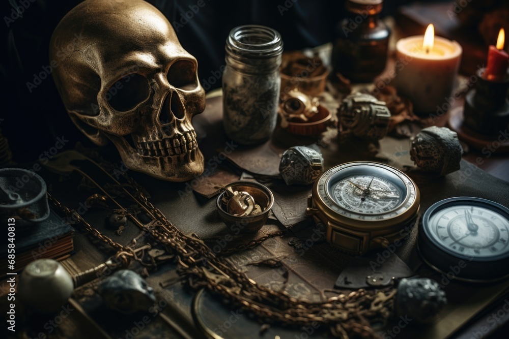 Poster a table adorned with a skull and a clock. this image can be used to create a spooky or gothic atmosp