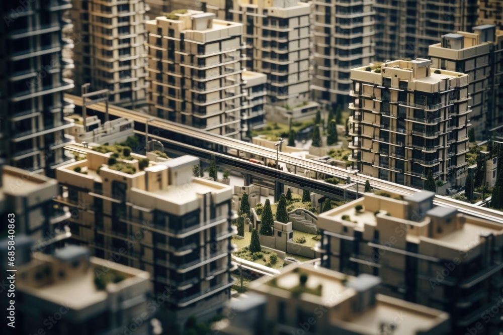 Poster a detailed model of a city with various buildings and a train. this picture can be used for architec