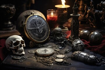 A clock sits on top of a book next to a skull. This image can be used to represent time passing,...