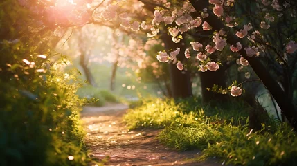 Fotobehang Enthralling defocused view capturing a forest road in spring, blossoms strewn, sunlight © MuhammadInaam