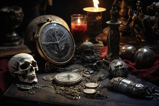 A clock sits on top of a book next to a skull. This image can be used to represent time passing, the concept of mortality, or as a symbol of knowledge and wisdom.