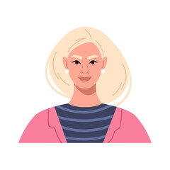 Avatar of a young blonde girl with short hair. Portrait of a female character. Bright vector illustration in a flat style