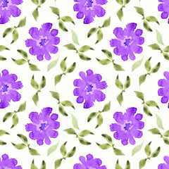 Watercolor pattern with purple flowers and green leaves in a beautiful style on a white background.