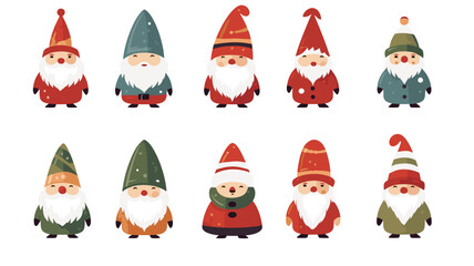 simple vector illustration set, isolated on a white background, Free vector hand drawn flat christmas gnomes collection. Vector element for christmas card, christmas invitation.