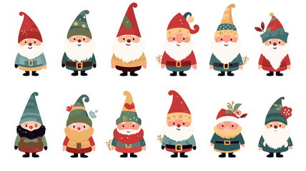 Fototapeta na wymiar simple vector illustration set, isolated on a white background, Free vector hand drawn flat christmas gnomes collection. Vector element for christmas card, christmas invitation.