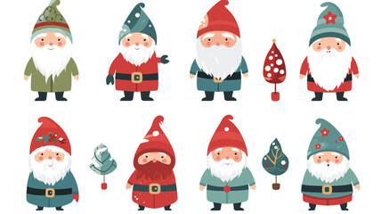 simple vector illustration set, isolated on a white background, Free vector hand drawn flat christmas gnomes collection. Vector element for christmas card, christmas invitation.