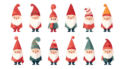 simple vector illustration set, isolated on a white background, Free vector hand drawn flat christmas gnomes collection. Vector element for christmas card, christmas invitation.