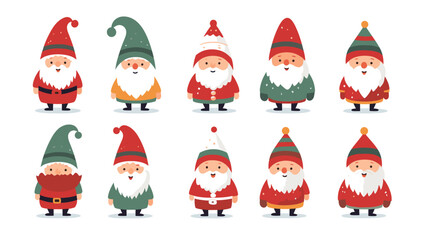 simple vector illustration set, isolated on a white background, Free vector hand drawn flat christmas gnomes collection. Vector element for christmas card, christmas invitation.