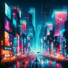 neon lights and holographic billboards illuminate the night sky. The cityscape is alive - obrazy, fototapety, plakaty