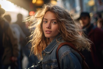Fototapeta premium A woman with long hair standing in a crowded street. This image can be used to depict urban life and the hustle and bustle of city streets.