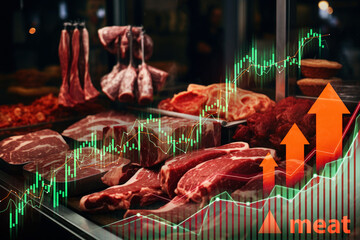 Butcher's display of meat with ascending stock market graphs showing economic trends