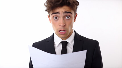 
A male teenager wearing a suit and holding some documents, feeling sad and depressed, pure white background