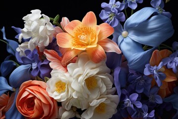 A close-up view of a vibrant and colorful bunch of flowers. 