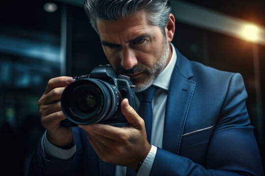 A man in a suit capturing a moment with his camera. This image can be used to represent photography, technology, or professional work.