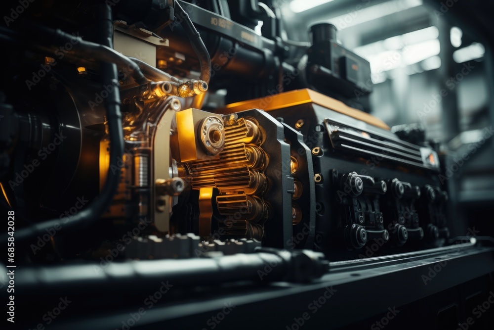 Poster a detailed close-up of a machine in a factory. this image captures the intricate details of the mach