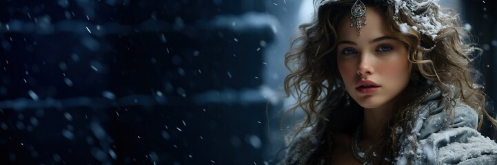 Fototapeta premium A young woman adorned with a snowflake hair accessory gazes into the distance amidst a serene snowy backdrop