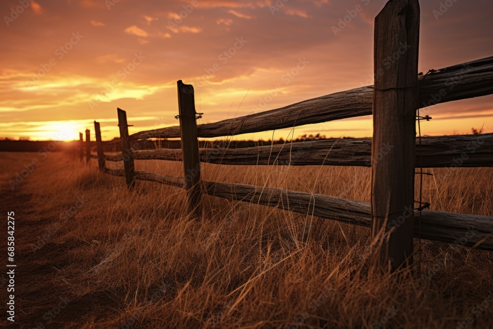 Poster a picturesque scene of a wooden fence in a field with a beautiful sunset in the background. perfect 