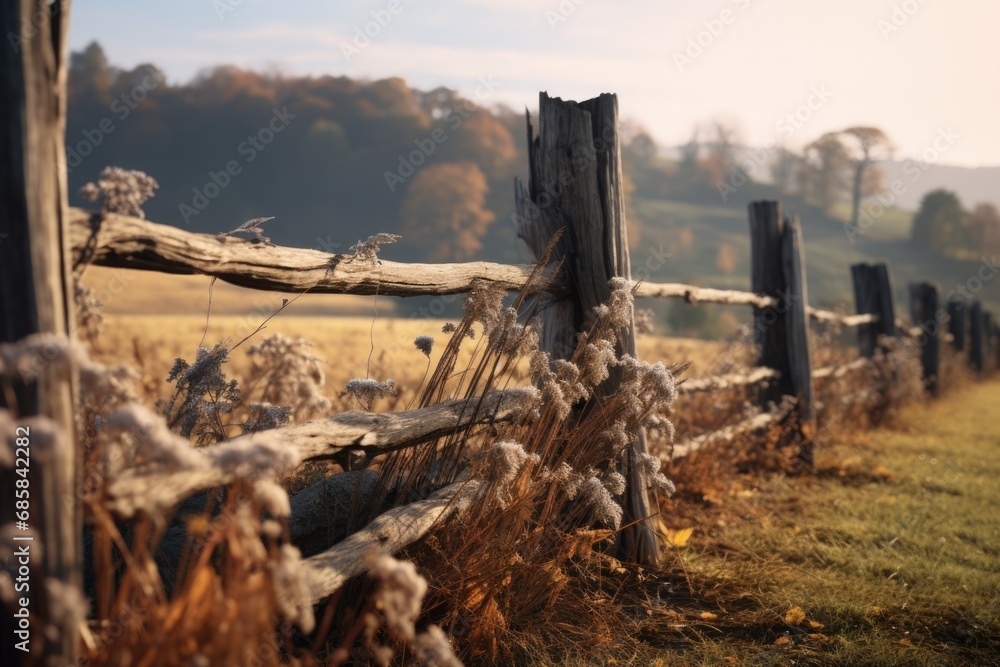 Poster a picture of a wooden fence standing in the middle of a field. this image can be used to represent r