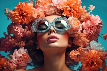 A woman wearing sunglasses and adorned with flowers in her hair. This picture can be used to depict a stylish and fashionable woman enjoying a sunny day outdoors. - obrazy, fototapety, plakaty
