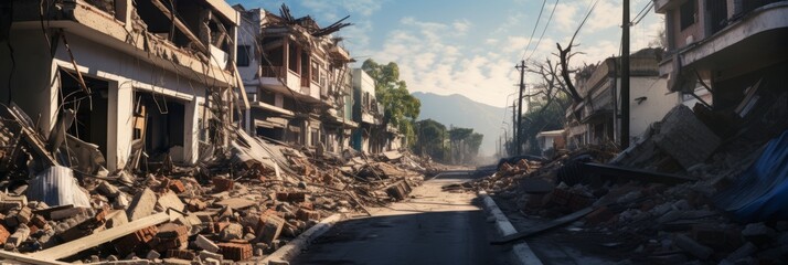 Destroyed houses after a powerful earthquake, city streets littered with stone and concrete, banner