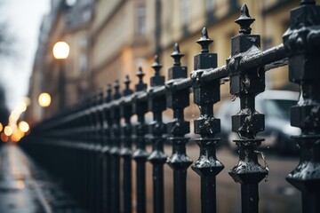 A picture of a black iron fence on a city street. This image can be used to showcase urban...