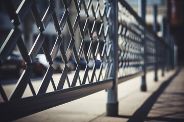 A detailed view of a metal fence on a sidewalk. This image can be used to depict urban landscapes,...
