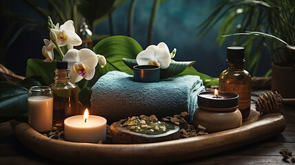 Obraz na płótnie Canvas Spa salon composition in wellness center. Spa still life background with aromatic candle, orchid flowers, massage oil and towel. Beauty spa treatment and relax. Relaxing background. Massage room