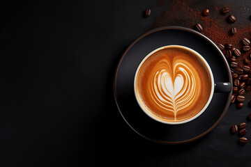 Cup of coffee latte with heart shape and coffee beans on dark background. Cup of fresh made coffee on dark background. Top view, copy space. - obrazy, fototapety, plakaty