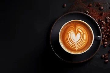 Küchenrückwand glas motiv Cup of coffee latte with heart shape and coffee beans on dark background. Cup of fresh made coffee on dark background. Top view, copy space. © Vladimir Sazonov