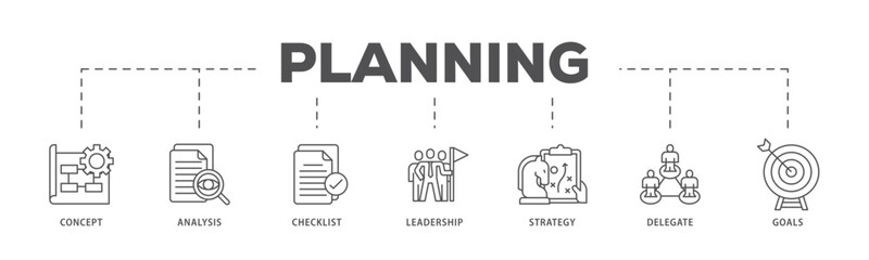 Planning infographic icon flow process which consists of concept, analysis, checklist, leadership, strategy, delegate and goals icon live stroke and easy to edit .
