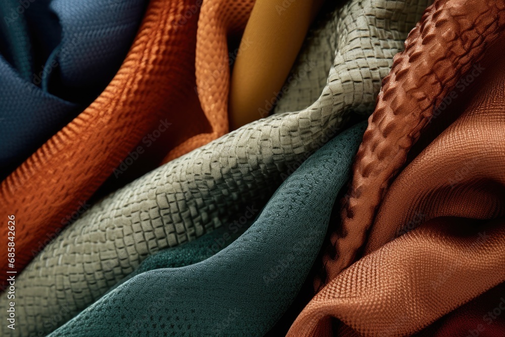 Poster a close-up view of a pile of different colored fabrics. versatile and vibrant, this image can be use