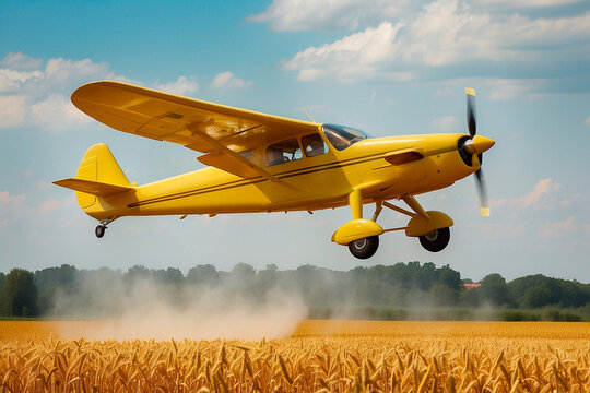 vuelo rasante de avion fumigando campo de trigal