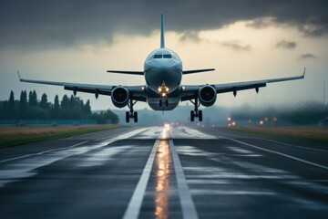 A large jetliner is shown taking off from an airport runway. This image can be used to depict air travel, transportation, or the excitement of embarking on a journey.