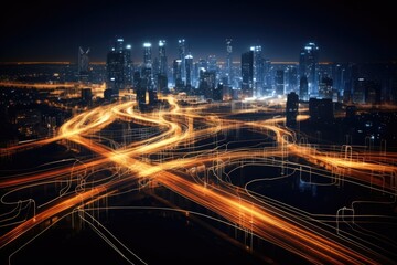 Obraz premium A captivating aerial view of a city at night, showcasing its vibrant lights and bustling streets. Perfect for illustrating the energy and beauty of urban life.